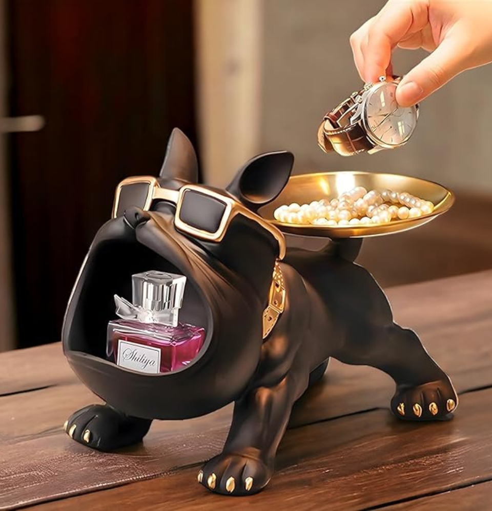 Black Resin Bulldog Storage Sculpture