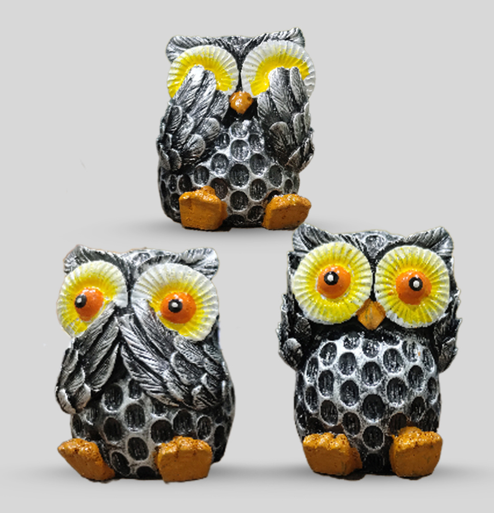 Set of 3 Black Gandhi Style Owl Figurines - HomiQ