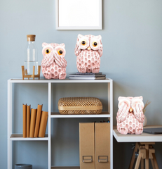Set of 3 Pink Gandhi Style Owl Figurines - HomiQ
